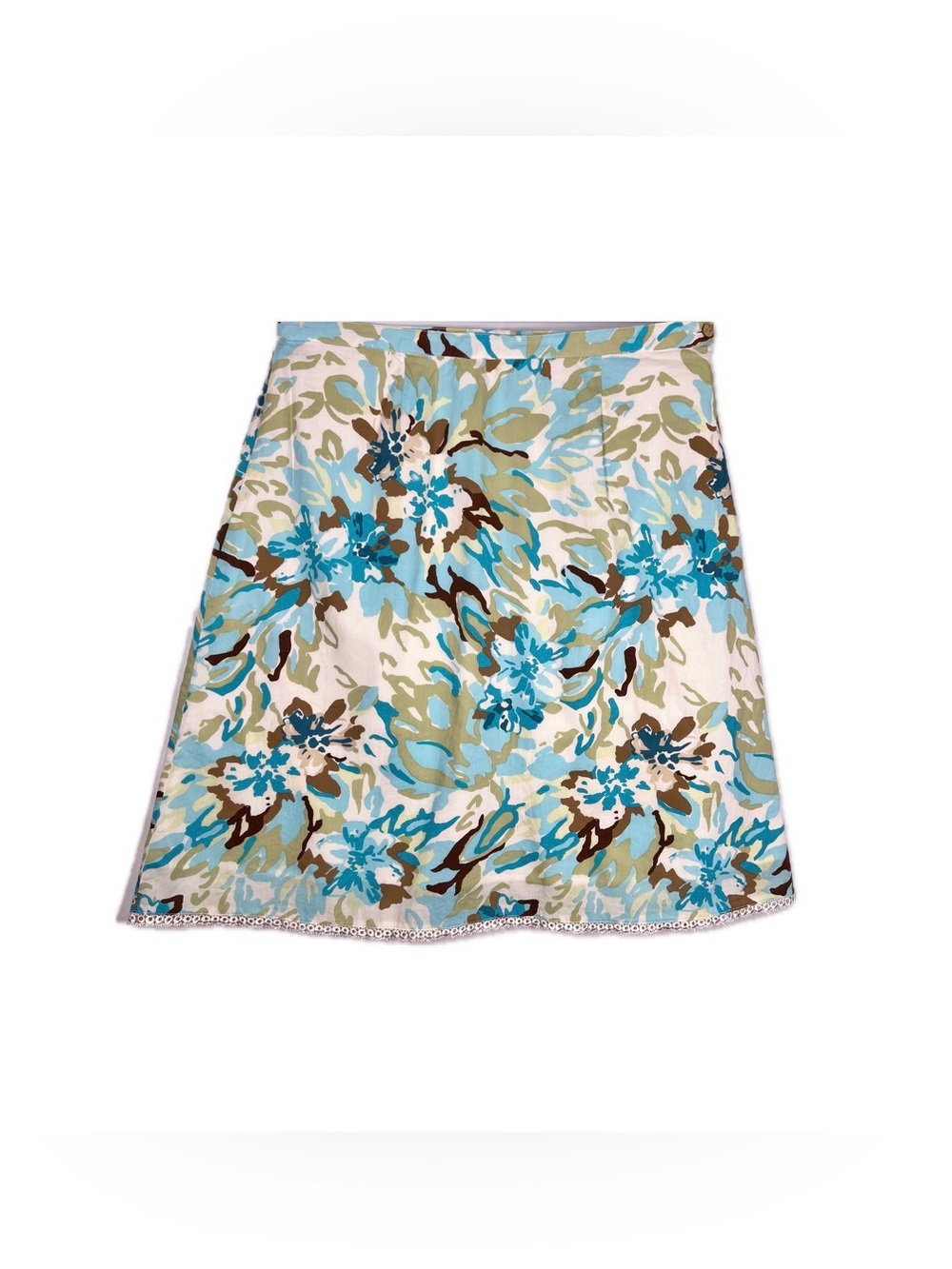 S.A. Collection Size 12 Floral A-Line Skirt Blue Tan White 100% Cotton
